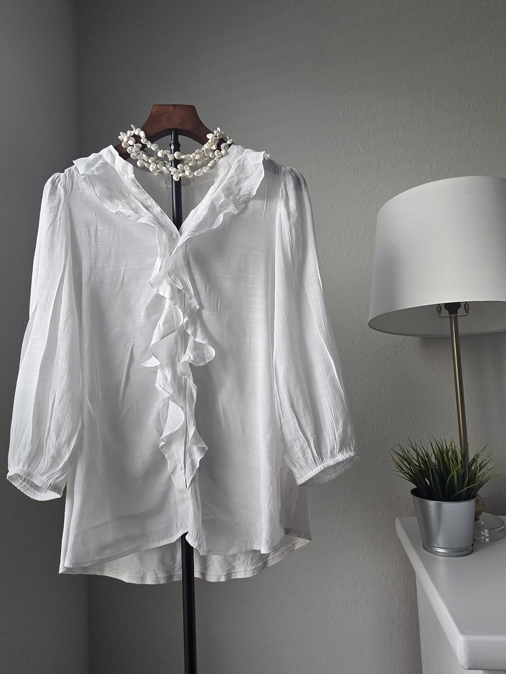White Ruffle Blouse 3/4 Sleeve Button Down Top Size M Boho Cottagecore Romantic